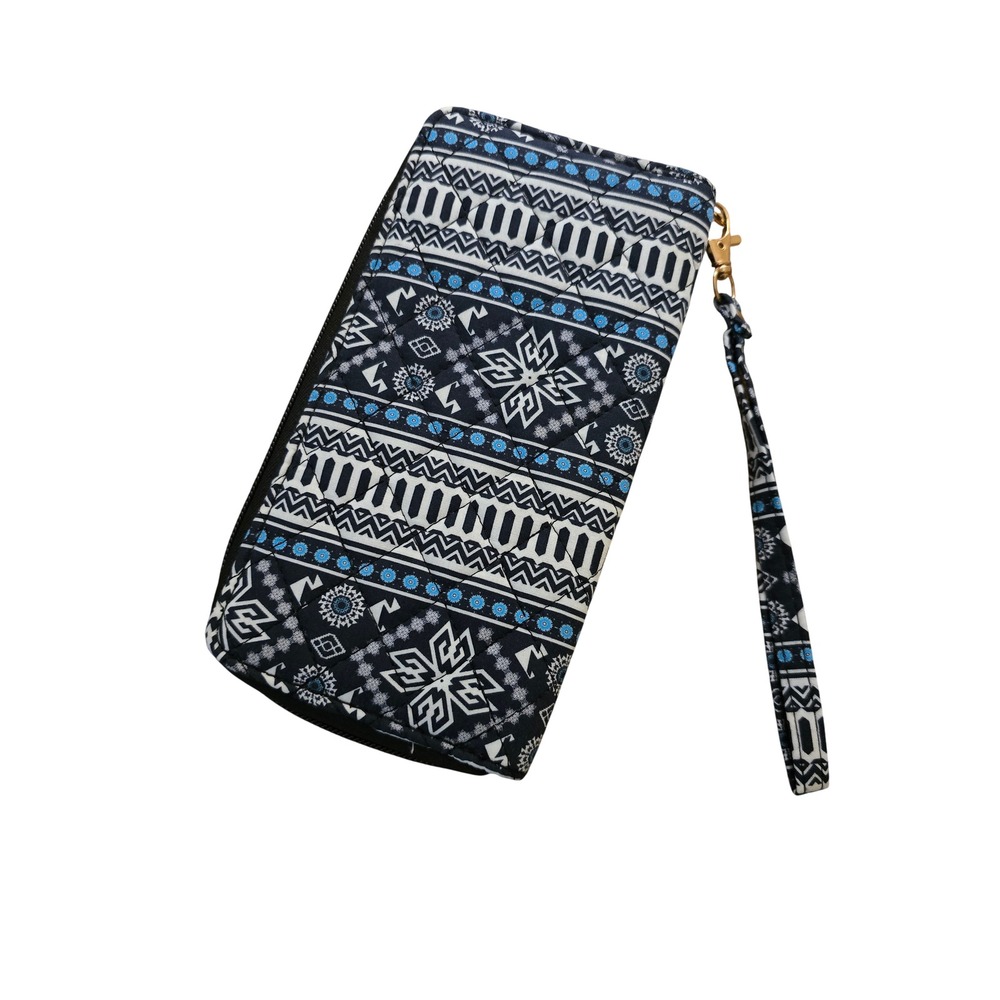 Quilted Geometric Tribal Print Zip Around Wristlet Wallet Navy Blue White